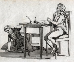 Scholieren hebben een tafel met inktpot. Gravure eind 18e eeuw. Privécollectie. door Unknown artist