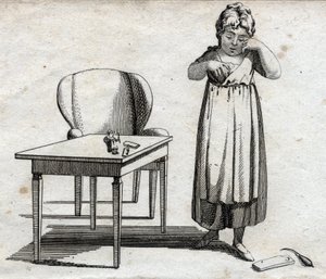Schoolmeisje dat haar huiswerk probeert te maken. Gravure eind 18e eeuw. Privécollectie. door Unknown artist
