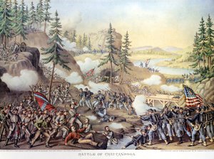 Amerikaanse Burgeroorlog (1861 - 1865): Na twee dagen van strijd bij Chattanooga, Tennessee, overwinning van het Noordelijke leger onder bevel van generaal Rosecrans. Gravure door Unknown artist