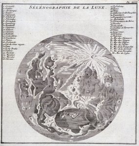 Selenografie van de Maan - in "Historische Reis door Zuid-Amerika in opdracht van de Koning van Spanje door Don George Juan en Don Antoine de Ulloa", T.2, bij C.A. Jombert, Librairie du Roi, Parijs