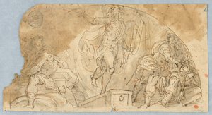 Halfcirkelvormige figuurscène met centrale figuur mogelijk opstijgend door Unknown artist