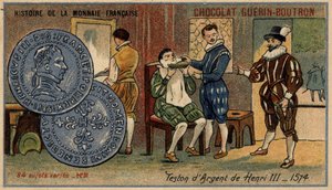 Serie Histoire de la Monnaie Française uitgegeven door Chocolat Guérin Boutron. Chromolithografie 19e eeuw. Zilveren teston van Hendrik III. 1574 door Unknown artist