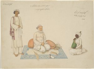 Shah Inayat Allah van Sind met zijn muzikant Makkhu en zijn assistent Shaykh Qiyam al-Din, pagina uit het Fraser Album door Unknown artist