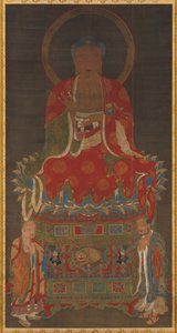 Shakyamuni Triade: Boeddha Bijgestaan door Manjushri en Samantabhadra