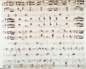 Bladmuziekpagina voor de eerste viool in de opening van Mithridate, koning van Pontus, opera door Mozart (1770) door Unknown artist