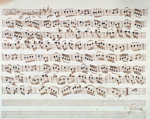 Bladmuziekpagina voor de eerste viool in de opening van Mithridate, koning van Pontus, opera door Mozart (1770) door Unknown artist