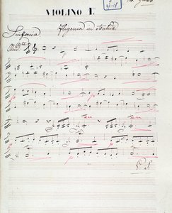 Bladmuziekpagina voor de eerste viool van Iphigenie en Aulide, opera van C. W. Gluck, ca. 1774