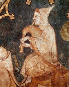 Herder die op een doedelzak blaast Detail. 14e eeuw fresco. Uit Olite (Navarra) Museum van Navarra, Pamplona door Unknown artist