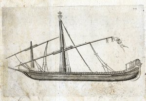 Zijaanzicht van een galei. Gravure uit de 18e eeuw.