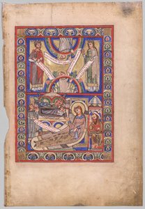 Enkel blad uit een evangelieboek: De geboorte (recto) door Unknown artist