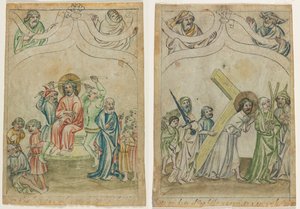 Enkel blad uit een "Biblia Pauperum": Christus gekroond met doornen (recto) Christus draagt het kruis (verso)