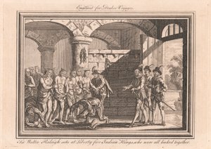 Sir Walter Raleigh bevrijdt vijf Indiase koningen, die allemaal aan elkaar waren gekoppeld door Unknown artist