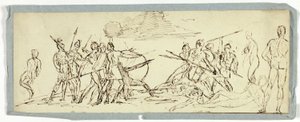 Schets van een gevechtsscène (recto); Fregat (verso) door Unknown artist