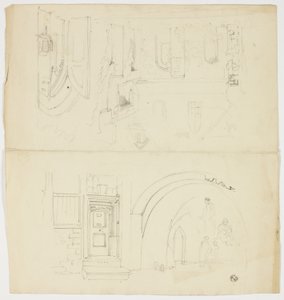 Schetsen van deuropening, figuren, gebouw met zij-ingang tot de kerk (recto); schets van torenspits (verso) door Unknown artist