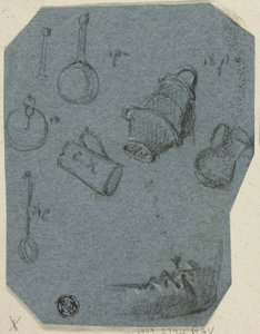 Schetsen van keukengerei, gebogen arm (recto); historisch tafereel (verso) door Unknown artist