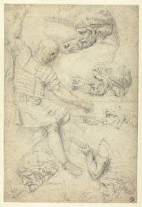 Schetsen van soldaat, hoofden, van Romeins reliëf (recto); Schetsen van mannelijke naakten, van Romeins reliëf (verso) door Unknown artist
