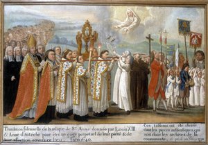 Plechtige overbrenging van het relikwie van Sint Anna geschonken door Lodewijk XIII en Anna van Oostenrijk als een eeuwigdurend teken van hun vroomheid en genegenheid voor deze plaats, in het jaar 1640 - Ex-Voto van Sainte-Anne d