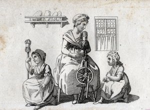 Spinnen: moeder en haar dochters spinnen wol. De vrouw gebruikt een spinnewiel en haar dochter gebruikt een riet. Gravure eind 18e eeuw. Privécollectie.