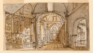 Toneelontwerp, kerkinterieur door Unknown artist
