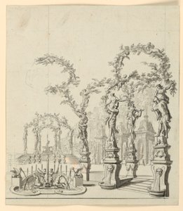 Toneelontwerp: Tuinarchitectuur met fontein en sculpturen