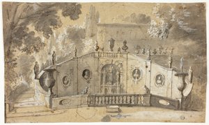 Trap en fontein (recto); Zittende mannelijke naakt in profiel naar links, omhoog kijkend (verso) door Unknown artist
