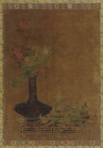 Stilleven - een zwarte vaas en bloemen door Unknown artist