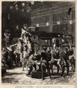 Straatartiesten: jongleurs, balancers en acrobaten, in nachtvoorstellingen, op de jaarlijkse Asaksa Fair, Tokio Tempel. Gravure ter illustratie van de reis naar Japan, door Aime Humbert, minister van de Zwitserse Confederatie, in 1863-1864, gepubliceerd in door Unknown artist