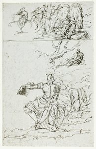Studieblad met zittende ridder (recto); staande mannelijke figuur in middeleeuwse kleding (verso) door Unknown artist