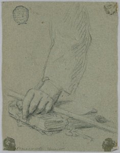 Studie: de linkerhand van een jonge man die een stok vasthoudt en rust op een boek door Unknown artist