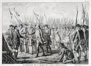 Overgave van het Britse leger van Lord Cornwallis (1738 - 1805) aan Amerika op 19 oktober 1781.