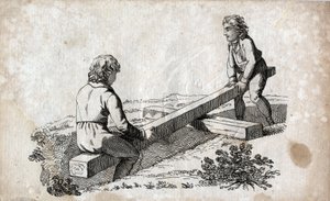 Schommel: twee kinderen op een schommel. Gravure eind 18e eeuw. Privécollectie. door Unknown artist