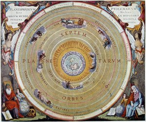 Systeem van de wereld van Ptolemaeus - uit "Harmonia Macrocosmica" door André Cellarius