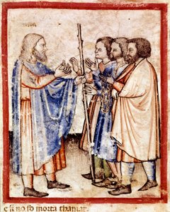 Tamar presenteert Juda het zegel, het koord en de stok die hij als onderpand had achtergelaten, miniatuur uit codex 212 (of padovano codice of Bijbel van Padua) 1390-1400 (perkament)