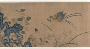Tapijt van bloemen, een rots, vogels en vlinders door Unknown artist
