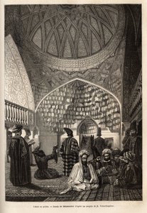 Tataren in gebed, in de Moskee van Schusha (Transkaukasië, Rusland). Gravure ter illustratie van de reis in de provincies van de Kaukasus, door Basile Vereschaguine, in 1864-1865, gepubliceerd in 
