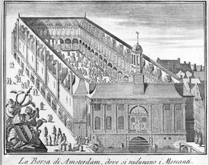 De Amsterdamse Beurs waar kooplieden samenkomen. 18e-eeuwse gravure door Unknown artist