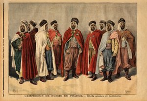 De Arabische en Tunesische leiders, belast met de erewacht van Tsaar Nicolaas II, op bezoek in Frankrijk. (Si Hamza, hoofd van de Uleds sidi sheiks; Si Mohammed ben Gana, agha van de Zibans; Si Ferhat Mouly, caid van de Beni Maaida; Si Lakdan, agha van de 
