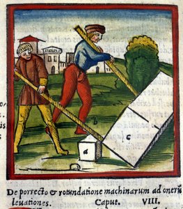De hefboom van Archimedes (287 v.Chr. - 212 v.Chr.) in De architectura van Vitruvius. 1630. Trivulziana, Milaan.