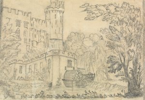 De Achterkant van een Groot Kasteel met Watermolen op de Voorgrond door Unknown artist