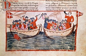De Slag bij Meloria die culmineert in de bezetting van Corsica door Genua. 1284. Manuscript. Biblioteca Vaticana