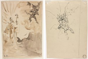 De Bisschop en de Demon (recto); Drie Demonen die een Ridder Vasthouden (verso) door Unknown artist