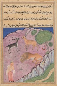 De Brahmaan komt een leeuw tegen die een hert en een gazelle als zijn viziers heeft, uit een Tuti-nama (Verhalen van een Papegaai): Eenentwintigste Nacht
