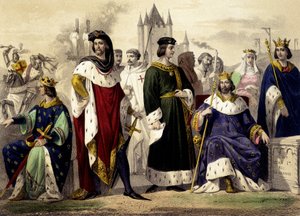 De Capetingen van 1270 tot 1322. Filips III de Stoute, Filips IV de Schone, Lodewijk X de Woelzieke, Filips V de Lange, Karel IV de Schone. Gravure uit de 19e eeuw door Unknown artist