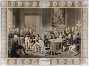 Het Congres van Wenen (1815, Alexander I, tsaar; H.R. Stewart, Castlereagh; Francois I, keizer van Oostenrijk; Frederik Willem III, koning van Pruisen; Karl August, prins van Hardenbergh; Wilhelm von Humboldt)