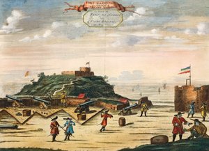Het Nederlandse Fort van Nassau op het eiland Gorée, Senegal, gravure