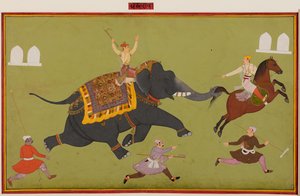 De olifant van Maharana Jai Singh van Mewar (r. 1680-98) vangt een paard bij de staart door Unknown artist