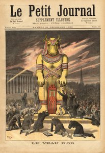 De Franse afgevaardigden, voor de trappen van de Nationale Vergadering, knielend om het gouden kalf te aanbidden, symbool van afgoderij en materialisme, de illustratie getuigt van de misleiding van de spaarders die ontdekten dat hun geld alleen werd gebrui