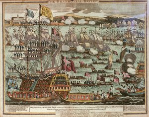 De Grote Marine Review. Deze Grote Review van de Britse Marine vond plaats in Portsmouth op 24 en 25 juni 1814 in aanwezigheid van de Prins Regent en zijn Koninklijke Bezoekers, c. 1814