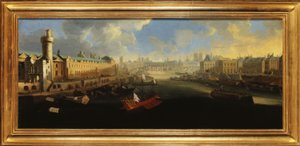 De Grande Galerie van het Louvre, met de Porte Neuve, de Pont-Neuf, de Cité, het Collège des Quatres-Nations in aanbouw en de Quai Malaquais door Unknown artist