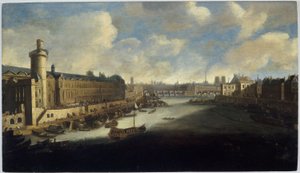 De Grande Galerie van het Louvre, met de Porte Neuve, de Pont-Neuf, de Cité, het Collège des Quatres-Nations in aanbouw en de Quai Malaquais, circa 1665. Op de Seine, de koninklijke galei, tussen 1660 en 1670 door Unknown artist